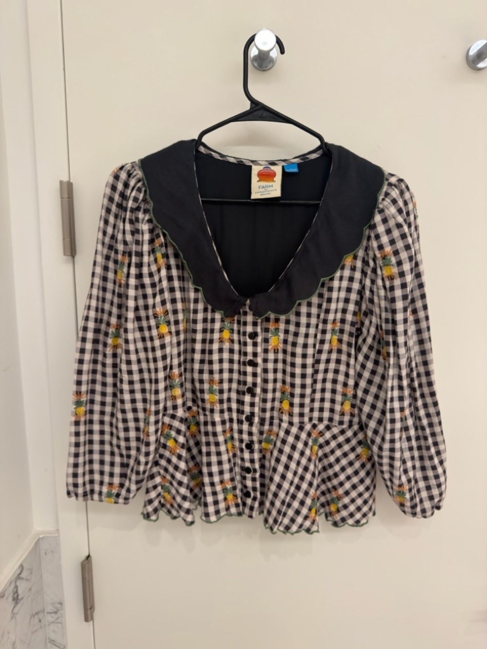 FARM Rio Linen Blend Gingham Embroidered Top